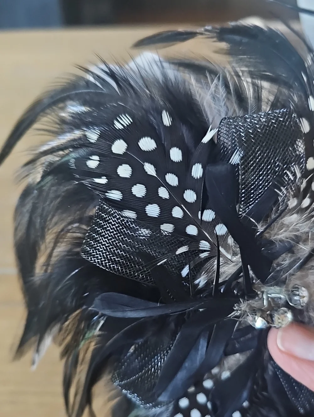 Black Feather Flower Brooch with Polka-Dot Accent